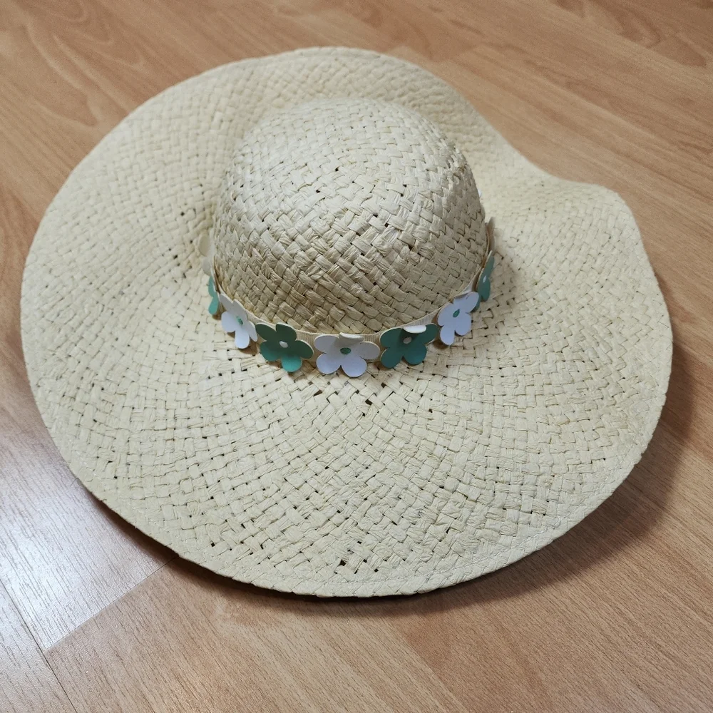 NWT Janie And Jack Straw Hat Green White Floral Size 12-24 Months